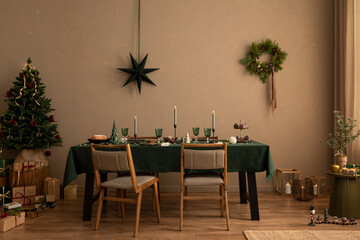 Interior design of christmas dinning room interior with table, christmas tree, chair, wreath, candle with candle stick, gifts, decoration, wooden consol and personal accessories. Family time Template. - obrazy, fototapety, plakaty