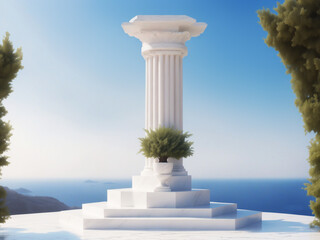mediterranean marble scenery with olive tree and ocean background