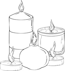 Still life of different candles. Round, pillar, in glass, tea candles. Spa aromatherapy candle. Simple design element. Black outline vector illustrations in hand drawn sketch style isolated on white