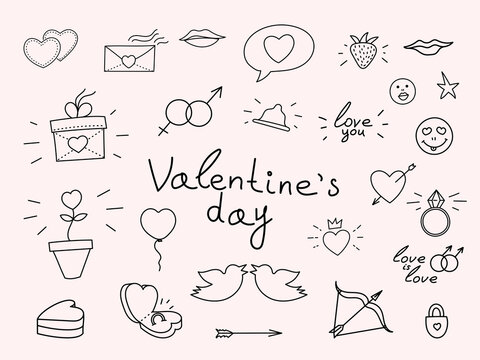 A set of doodles on the theme of Valentine's Day. Hand drawn elements about love.