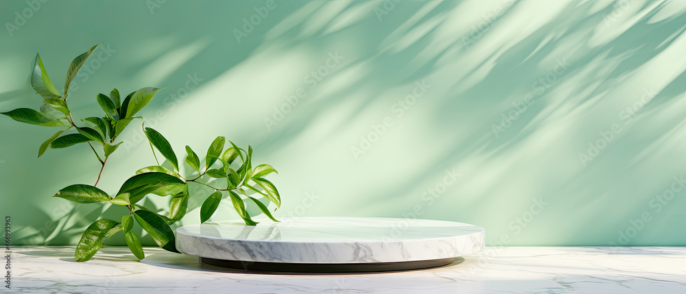 Wall mural spa still life , Modern, minimal empty white marble counter table top, in dappled sunlight, leaf shadow on pastel green wall background for luxury organic cosmetic, skin care, beauty treatment product