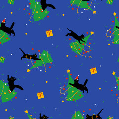 Cats jumping on Christmas trees background. Seamless pattern. Vector illustration