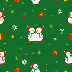 Cute snowmen background with Christmas gifts and holy berry. Seamless pattern. Vector illustration