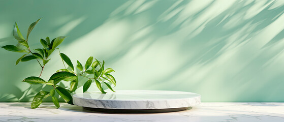 spa still life , Modern, minimal empty white marble counter table top, in dappled sunlight, leaf shadow on pastel green wall background for luxury organic cosmetic, skin care, beauty treatment product