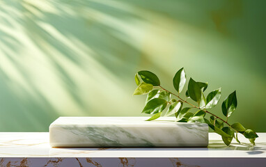 spa still life , Modern, minimal empty white marble counter table top, in dappled sunlight, leaf shadow on pastel green wall background for luxury organic cosmetic, skin care, beauty treatment product