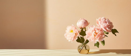 flower in vase background, Sunlit shadows on a neutral peachy beige backdrop peony flower.