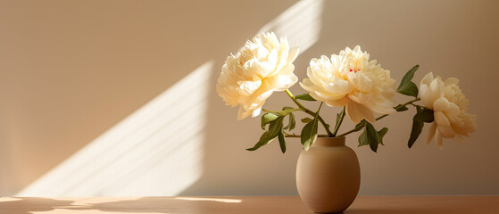 flower in vase background, Sunlit shadows on a neutral peachy beige backdrop peony flower.