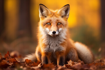 Naklejka na ściany i meble Cute Red Fox, Vulpes vulpes, fall forest, Beautiful animal in the nature habitat, Orange fox, detail portrait, soft light photography