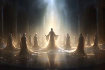 Celestial beings enveloped in ethereal robes of radiant light. - obrazy, fototapety, plakaty