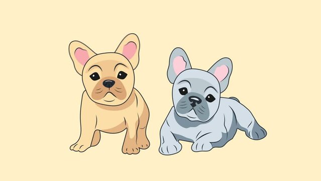 Animation illustration motion graphics Two cute playful French bulldog puppies with big ears on a beige background