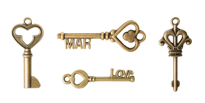 Antique bronze keys, isolated on white or transparent background.