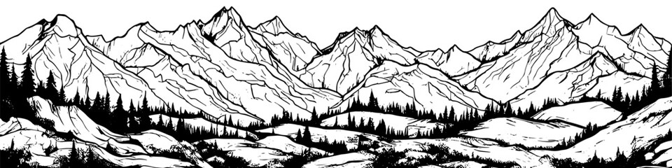 Vector sketch of hand drawn graphic mountain ranges and pine forest. Natural landscape, vector illustration, banner vector illustration, created by hand not AI