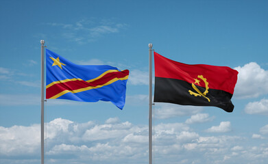 Congo or Congo-Kinshasa and Angola national flags, country relationship concept