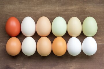 a set of eggs, different in color, arranged in a row - obrazy, fototapety, plakaty