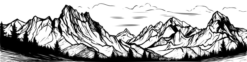 Vector sketch of hand drawn graphic mountain ranges and pine forest. Natural landscape, vector illustration, banner vector illustration, created by hand not AI