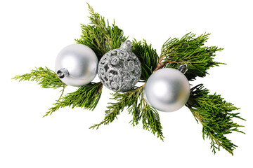 Christmas pine branches and ornaments balls, isolated on white or transparent background.