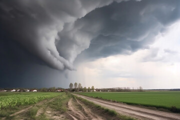 Destructive tornado vortex at open landscape with cloudy sky generative ai
