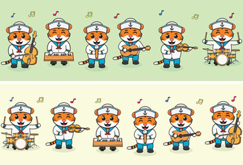 Vector Illustration of Cute Tiger sailors Music Band. Big set of cute Animal cartoon in professions. Tiger Cartoon flat style.