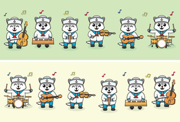 Vector Illustration of Cute Wolf sailors Music Band. Big set of cute Animal cartoon in professions. Wolf Cartoon flat style.