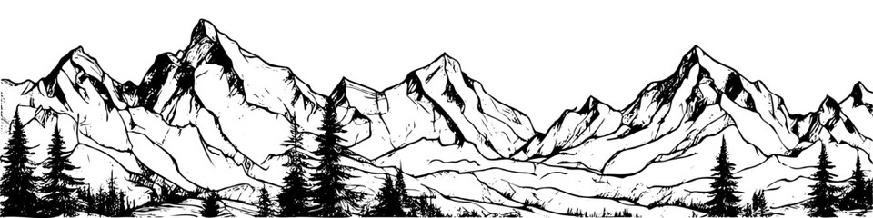 Black and white wall paintings of mountain ranges, symbolic landscapes, trees, banner vector illustration created by hand not AI