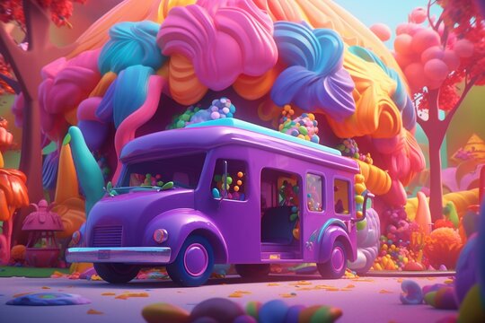 Vibrant candy-themed food truck in a fantasy 3D render. Generative AI
