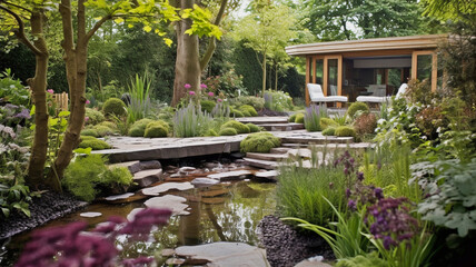 UK garden with naturalistic design yard hard landscaping,  summer retreat house