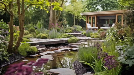 Tuinposter  UK garden with naturalistic design yard hard landscaping,  summer retreat house  © andreusK