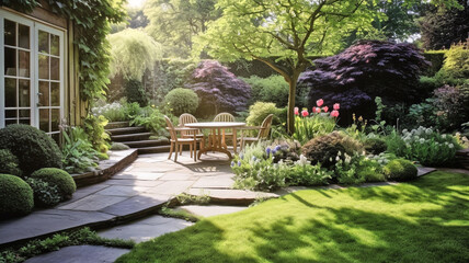 UK garden with naturalistic design yard, green lawn with flowers,  summer retreat house - 666996576