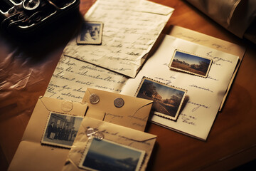 Photograph a collection of vintage handwritten letters, faded with time, to evoke nostalgia and the charm of handwritten communication. Handwriting Day. With copy space for context - obrazy, fototapety, plakaty
