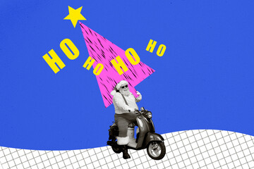 Collage picture of black white colors grandfather santa drive bike carry painted evergreen tree ho ho ho isolated on blue background