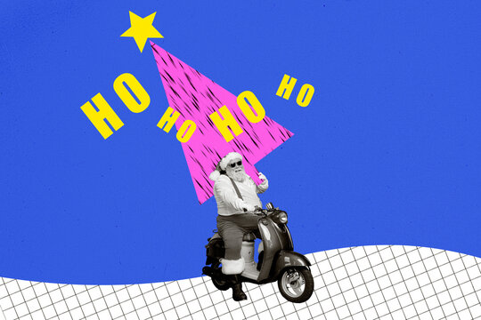 Collage picture of black white colors grandfather santa drive bike carry painted evergreen tree ho ho ho isolated on blue background