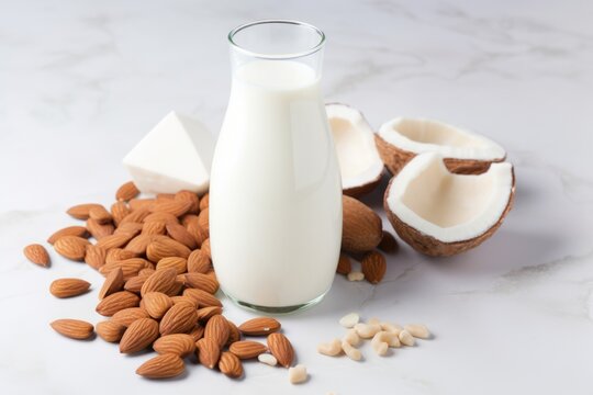 dairy alternative almond milk surrounded by almond shells
