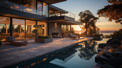 Fototapeta premium Modern exterior of a luxury villa in a minimal style. Glass house in the mountains. Magnificent mountain views from the veranda of a modern villa Luxury glamping sunset
