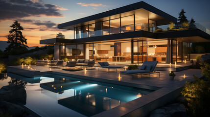 Fototapeta premium Modern exterior of a luxury villa in a minimal style. Glass house in the mountains. Magnificent mountain views from the veranda of a modern villa Luxury glamping sunset