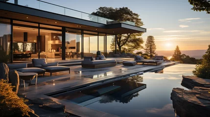 Tapeten Modern exterior of a luxury villa in a minimal style. Glass house in the mountains. Magnificent mountain views from the veranda of a modern villa Luxury glamping sunset © ND STOCK