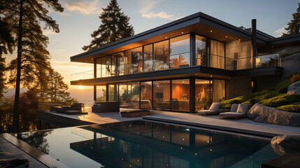 Modern exterior of a luxury villa in a minimal style. Glass house in the mountains. Magnificent...