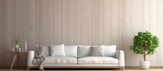 Minimal style interior design featuring a wood wall grey sofa and ing