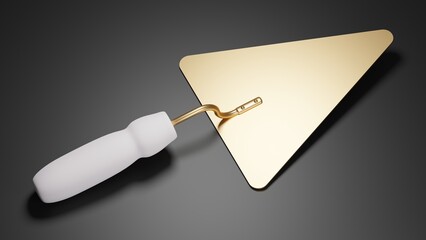 NOT AI 3D rendering of golden construction spatula with white matte handle on gray velvet background. Arrow pointer tool. Realistic illustration on white background