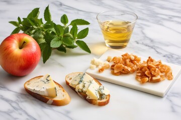 Fototapeta na wymiar apple slices, gorgonzola and a freshly made bruschetta on a marble countertop