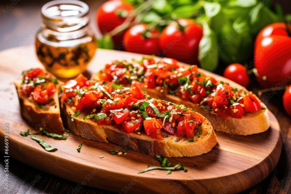 Wall mural bruschetta on a bamboo platter next to a bunch of thyme