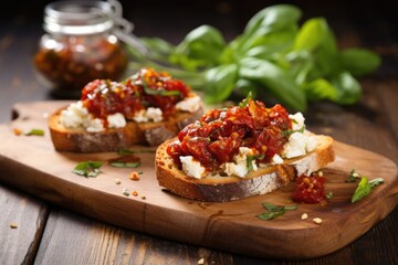bruschetta with goat cheese and sun-dried tomatoes on a rustic tabletop - obrazy, fototapety, plakaty