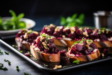 roasted beetroot and chevre bruschetta on a silver tray - obrazy, fototapety, plakaty