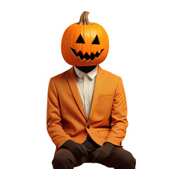 Orange Pumpkin Face Portrait of a Man's Head, A Businessman Wearing a Pumpkin Face Mask Isolated on a Transparent White Background, PNG