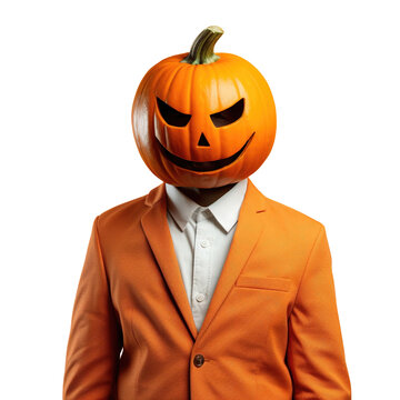 Orange Pumpkin Face Portrait of a Man's Head, A Businessman Wearing a Pumpkin Face Mask Isolated on a Transparent White Background, PNG