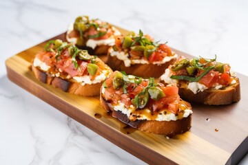 four pieces of bruschetta with ricotta and topped with pickled jalapenos