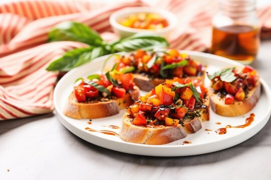 wide shot of bruschetta with roasted peppers next to colorful napkin