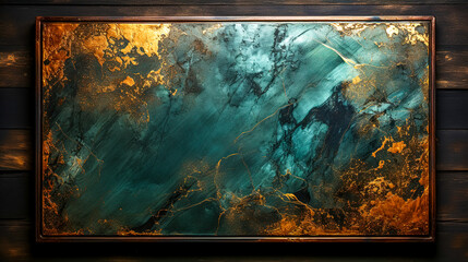 Abstract blue with gold marble background in frame.