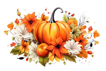 Watercolor Illustration of Fall Pumpkin Flowers and Autumn Leaves Isolated on a Transparent Background, PNG