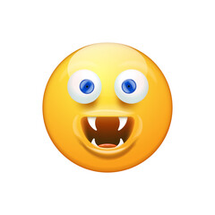 Smiling Face with monster mouth and eyes isolated on white background. Yellow monster smiley face character with white vampire teeth. Halloween day concept illustration, sticker, print and icon