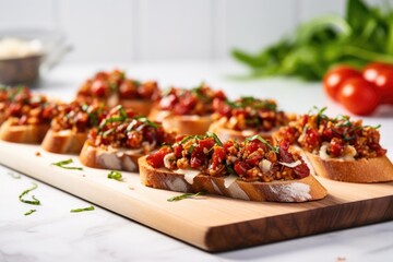 a line of bruschetta with sun-dried tomatoes on a minimalist kitchen counter